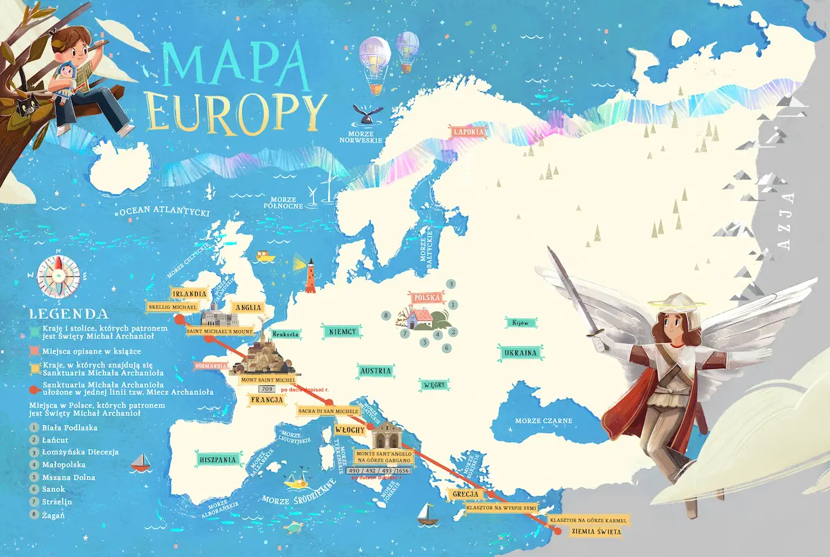 Mapa Europy z sanktuariami św. Michała Archanioła i polskimi miejscowościami, których jest patronem